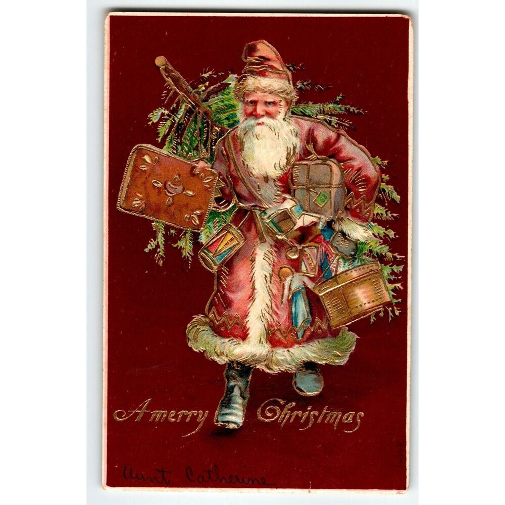 Santa Claus Christmas Postcard Old World Otto Schloss Original Embossed Gold